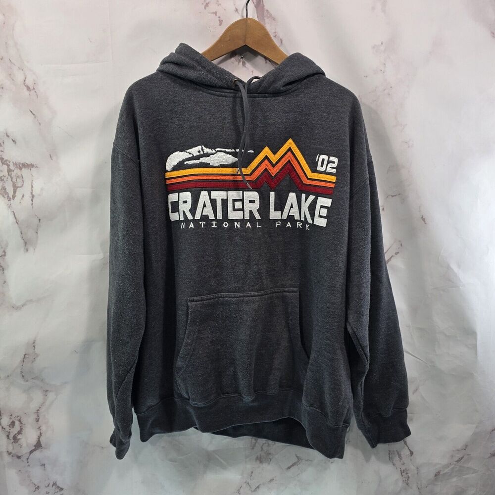 Vintage Crater Lake National Park Charcoal Gray Hoodie with Retro Stripe Logo